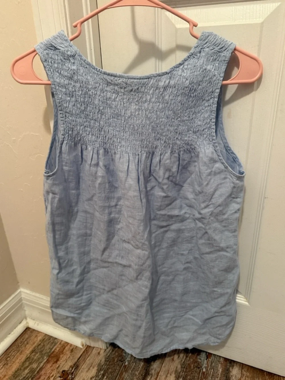 Cynthia Rowley Light Blue Smocked Shoulder V-Neck linen tank